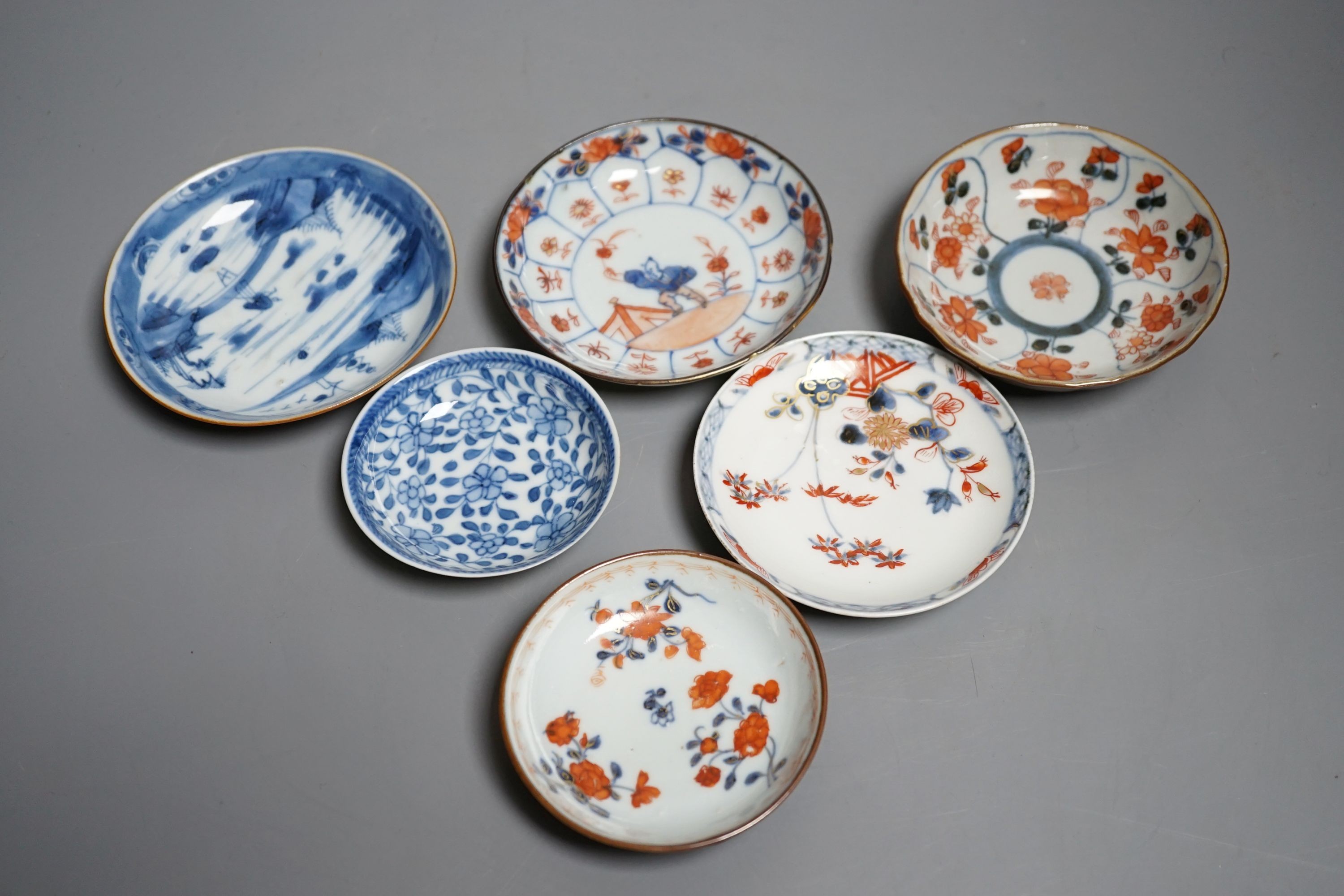 Six Chinese export porcelain teabowls and saucers, Kangxi to early Qianlong period. Provenance - Mona Sattin collection of miniature cups and saucers, collection no.s 310, 317, 324-326 and 328.